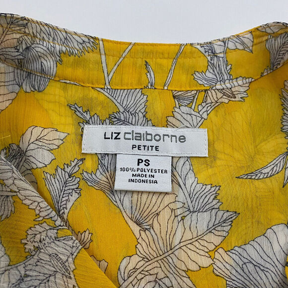 Liz Claiborne Yellow Floral Button Up Blouse Sheer Sz PS SP Chiffon L/S Roll Tab - Picture 4 of 7
